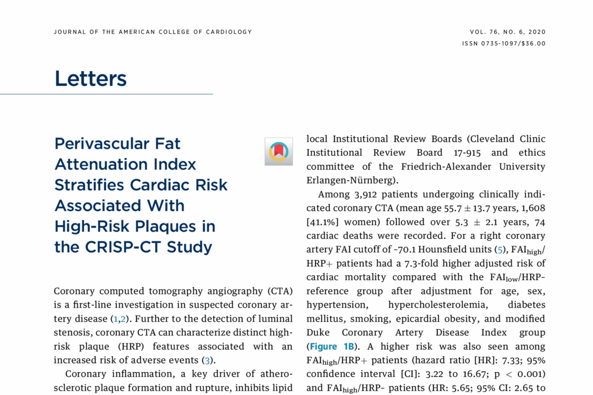 Perivascular Fat Attenuation Index Stratifies Cardiac Risk Associated With High-Risk Plaques in the CRISP-CT Study