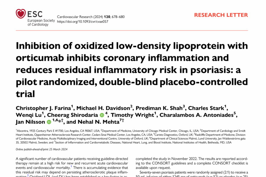 Inhibition of oxidized low-density lipoprotein with orticumab inhibits coronary inflammation and reduces residual inflammatory risk in psoriasis: a pilot randomized, double-blind placebo-controlled trial